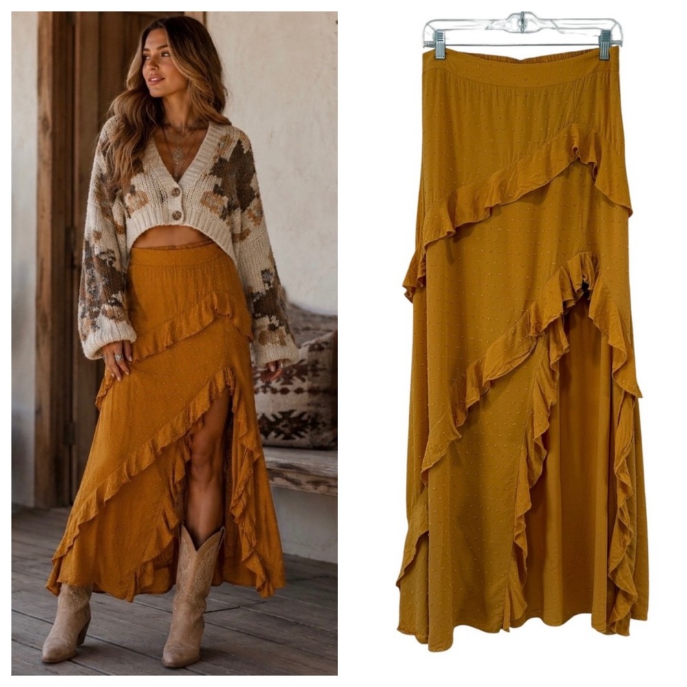 Going Out Western Ruffle High Low Slit Boho Maxi Skirt L Swis Dot Mustard Yellow